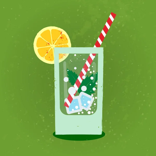 Lemonade with ice in glass glass on green, refreshing background.Vintage vector flat in retro style — Stock Vector