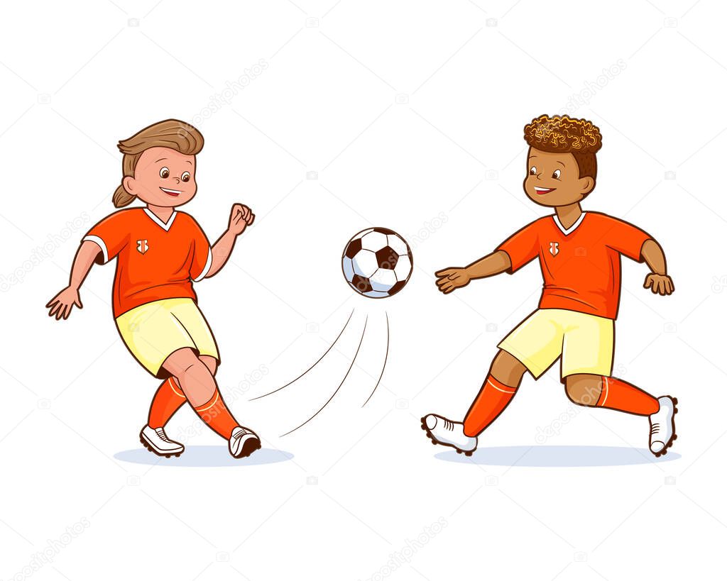 Teenage soccer players dressed in orange t-shirts and pants kicking soccer ball isolated vector, flat, cartoon style, comic