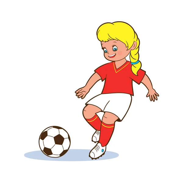 若い女の子のサッカー選手は彼女の足でサッカーボールを再生します 子供のための白い背景の漫画のスタイルで隔離されたベクトルイラスト — ストックベクタ