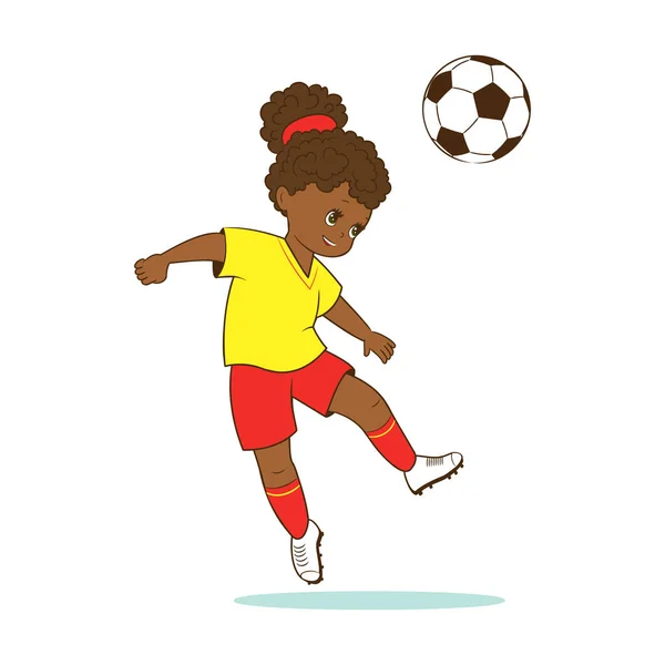 Footballspeelster Slaat Bal Met Haar Hoofd Vector Illustratie Cartoon Stijl — Stockvector