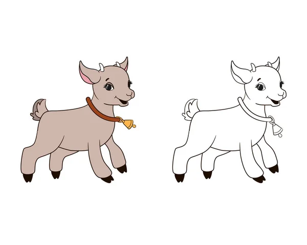 Omalovánky, koza vesele poskakuje a zvoní na zvonek. Vektorové ilustrace, kreslený styl, line art pro nejmenší — Stockový vektor