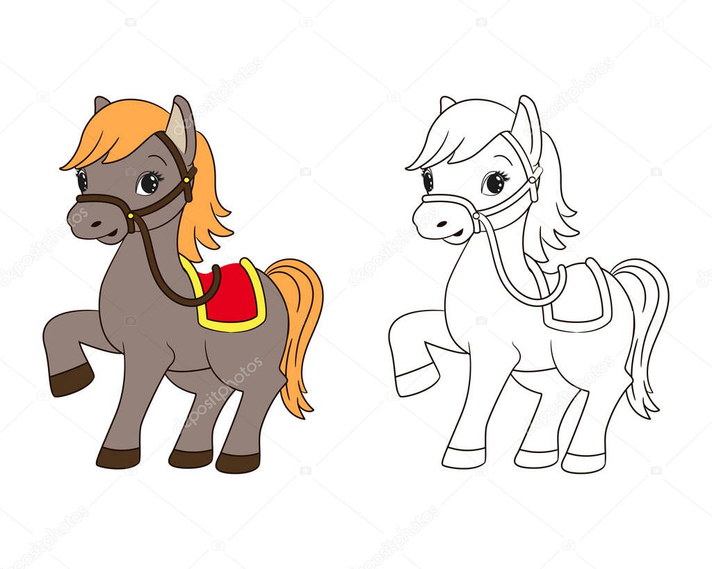 coloring book for kids, little funny horse with red saddle and yellow mane, vector , cartoon, line art