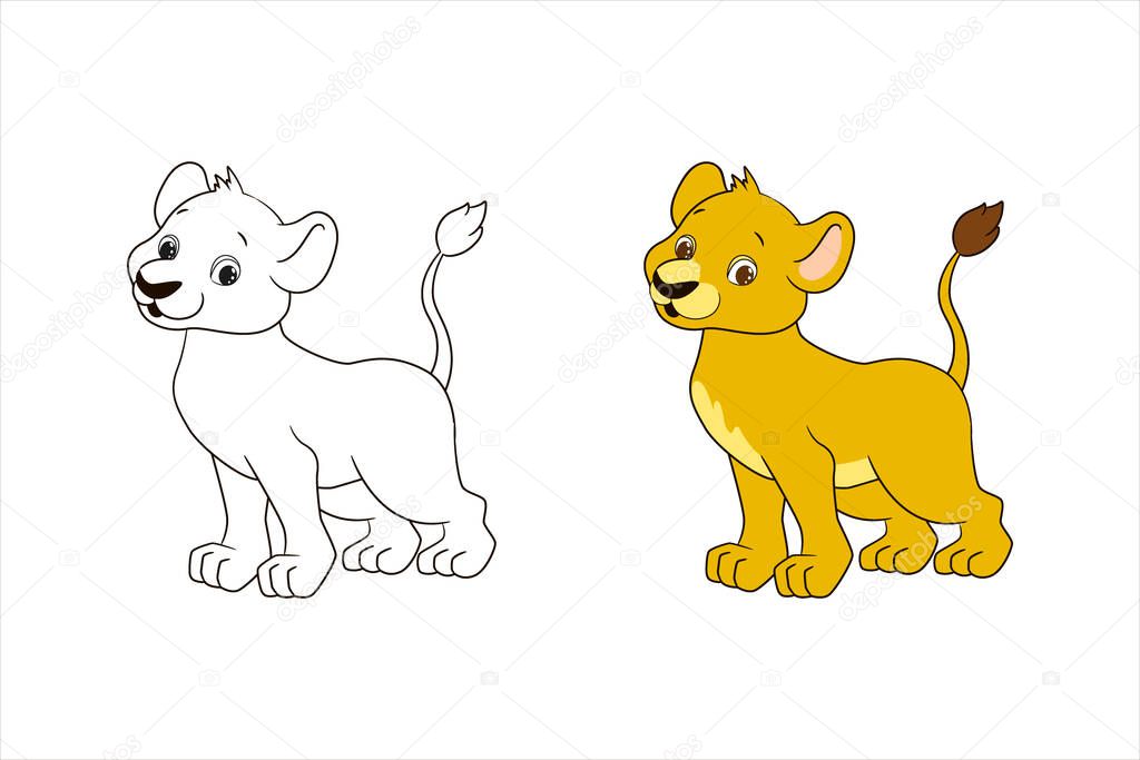 Coloring page for children, little lion. Vector illustration in cartoon style, isolated line art
