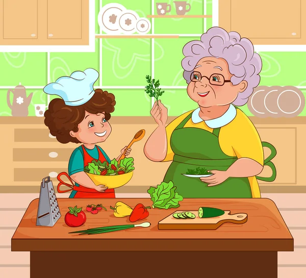 La nonna e la nipote preparano l'insalata insieme in cucina. Vettore, illustrazione in stile cartone animato, piatto, fumetto — Vettoriale Stock