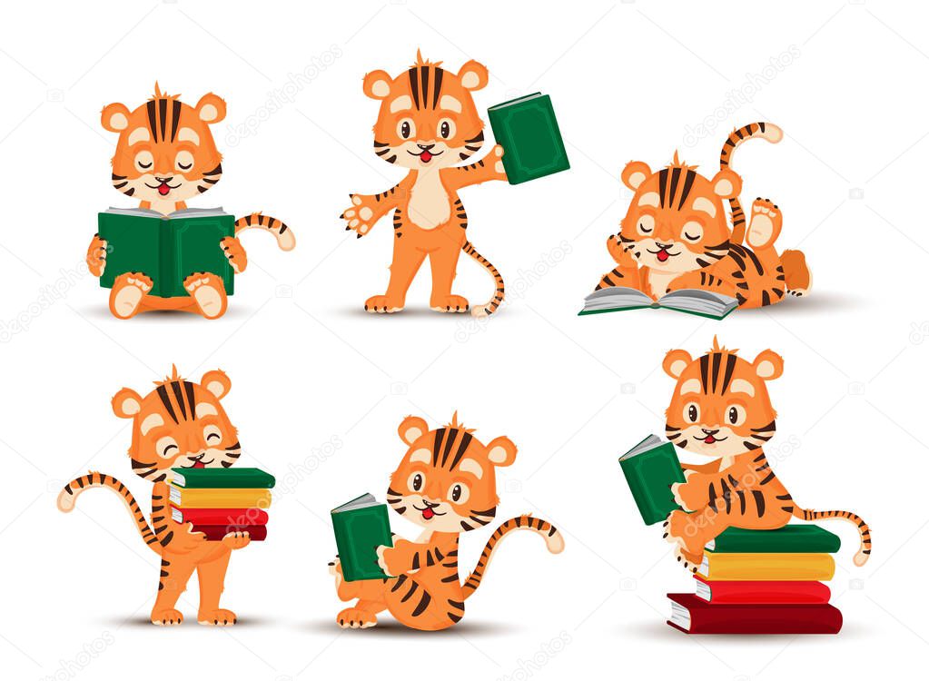 A little tiger cub reads a book. Set of isolated figurines of a tiger cub. Vector, illustration, cartoon, flat