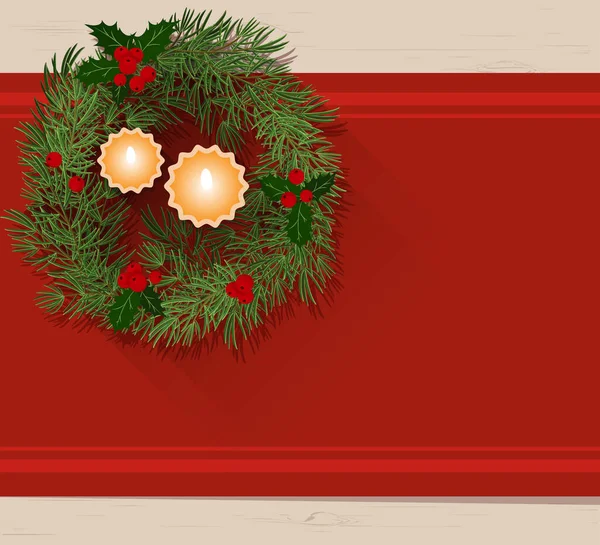 Christmas Wreath Fir Branches Burning Candles Red Tablecloth Top View — Stock Vector