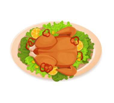 Kızarmış, fırında tavuk ve marul yaprakları. Vektör illüstrasyonu, üst görünüm, çizgi film, beyaz arka planda izole edilmiş bir daire.