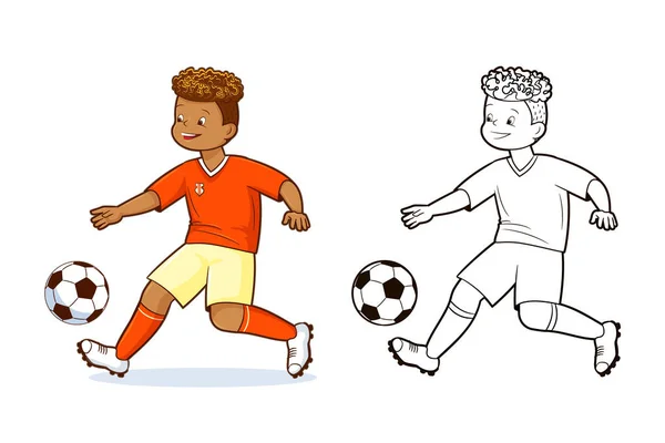 Coloring Book Teenage Soccer Players Kick Soccer Ball Vector Illustration — 스톡 벡터