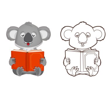 Boyama kitabı, küçük koala kitap okuyor. Vektör, karikatür tarzı illüstrasyon, siyah beyaz çizgi sanatı