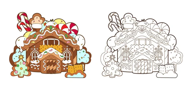 Dibujo para colorear con casa de jengibre, dulces de Navidad y árbol de jengibre de año nuevo, vector, ilustración en estilo de dibujos animados, arte de línea en blanco y negro para niños — Vector de stock