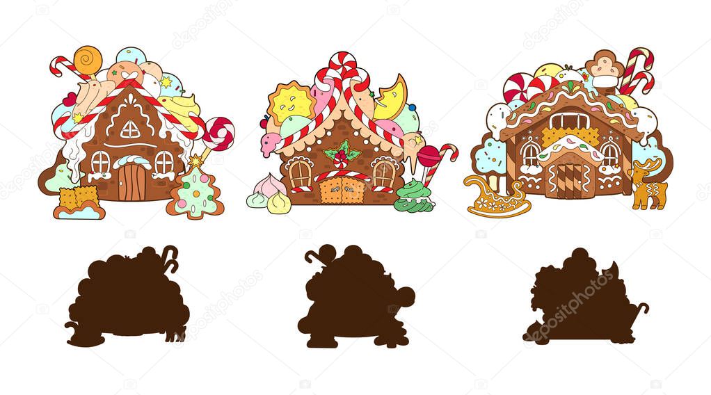 Christmas houses, game, find the correct shadow. Vector ,illustration, cartoon flat isolated on white background