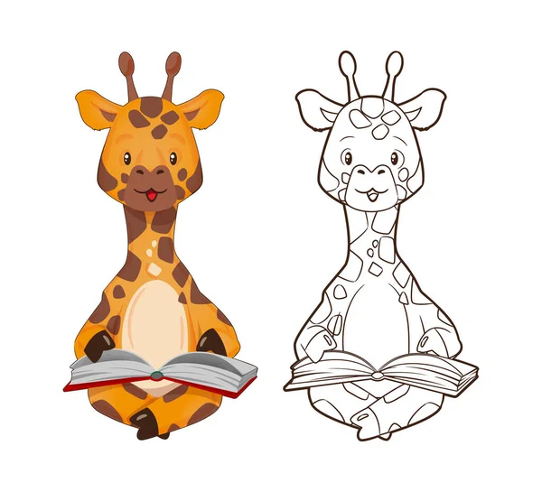 Livre à colorier, petite girafe lit un livre. Illustration vectorielle dans le style dessin animé, line art — Image vectorielle