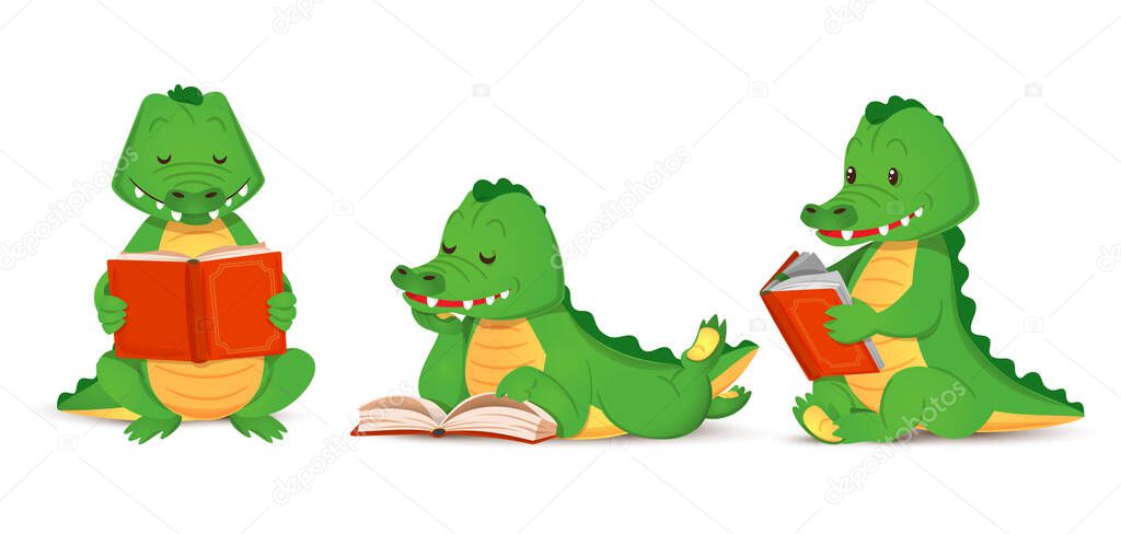 Cute green crocodile reads an interesting book, set of isolated animal alligator figurines. Vector illustration in cartoon style for children, flat design