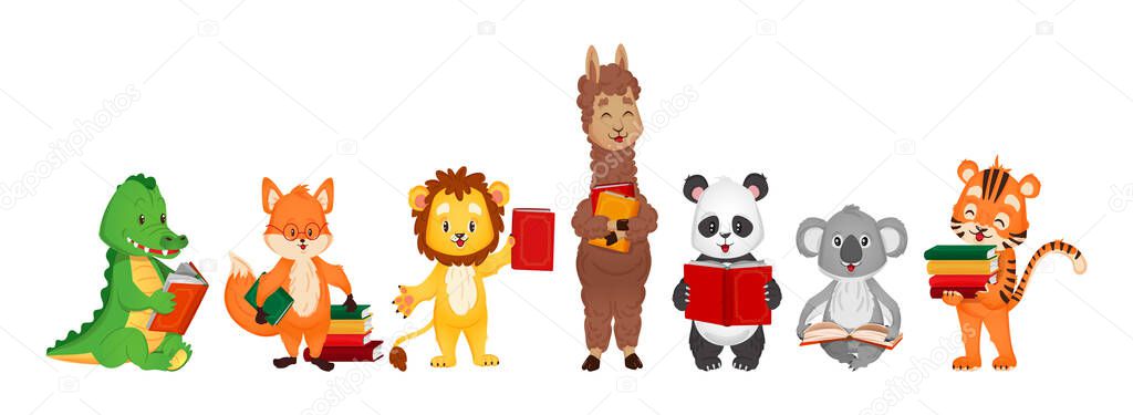 Set with cute animals reading books. Vector illustration for kids in cartoon flat style