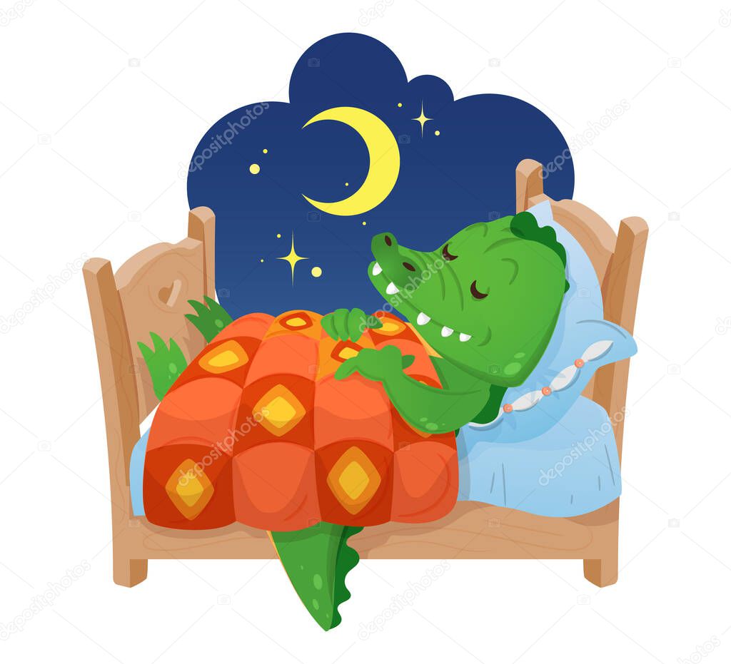 A cute green crocodile sleeps in a bed, covered with a comforter. Vector in cartoon style