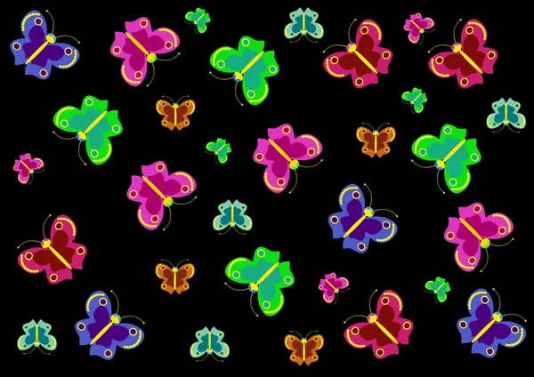 Colored butterflies on a black background — Stock Vector