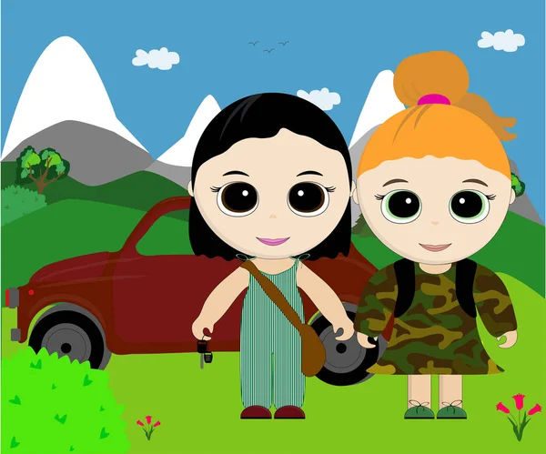 Nette Zeichentrick Kinderillustration Zwei Mädchen Fuhren Mit Dem Auto Den — Stockvektor