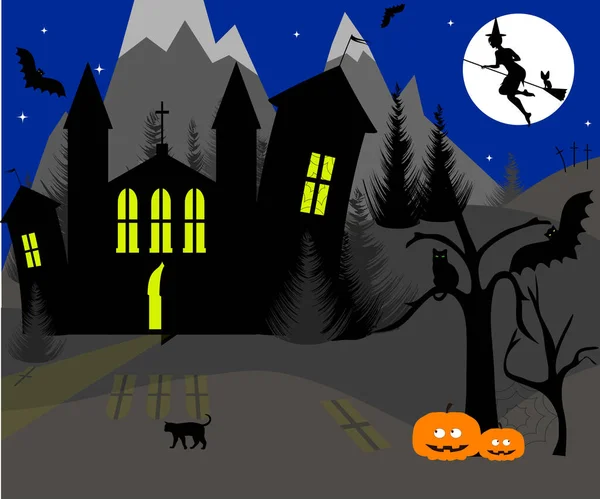 Noche Halloween Paisaje Castillo Ominoso Murciélagos Una Bruja Volando Cielo — Vector de stock