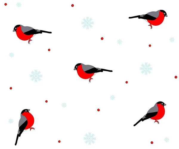 Seamless Winter Pattern Bullfinches Mountain Ash Snowflakes — Stock Vector