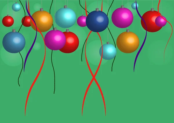 Coloridas bolas de Navidad y cintas sobre un fondo verde — Archivo Imágenes Vectoriales
