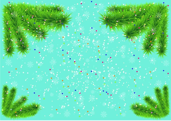 Fundo de Natal com ramos de abeto, flocos de neve e confetes —  Vetores de Stock