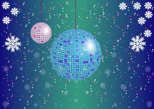 Christmas background with disco balls and snowflakes — Stock Vector