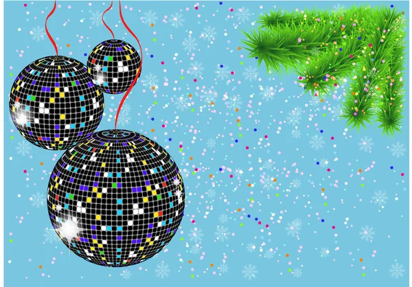 Рождественский фон с шарами диско, елкой и снежинками — стоковый вектор