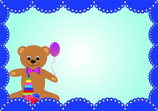 El fondo azul con un oso de juguete para el cumpleaños del niño — Vector de stock