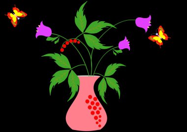 Siyah bir arka plan ve kelebekler bir Vazoda Çiçekler