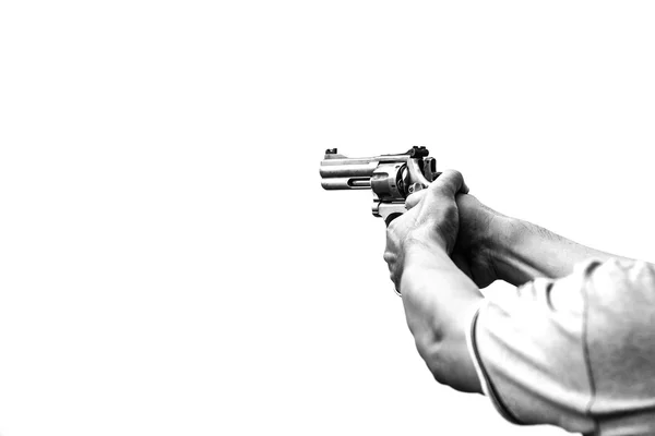 Dois mão aponte arma isolada no fundo branco em preto e branco — Fotografia de Stock