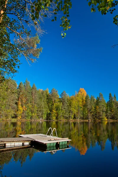 Джинси від сауни до озера з красивими кольорами на осінь і рефлекс — стокове фото