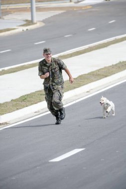 Golden retriever köpeğiyle oynayan bir asker. .