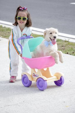 Beyaz elbiseli ve güneş gözlüklü güzel çocuk Golden Retriever köpeğiyle oynuyor. .