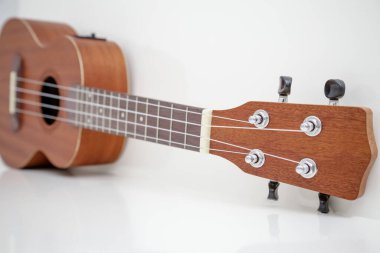 Siyah kapaklı küçük kahverengi ukulele gitar..