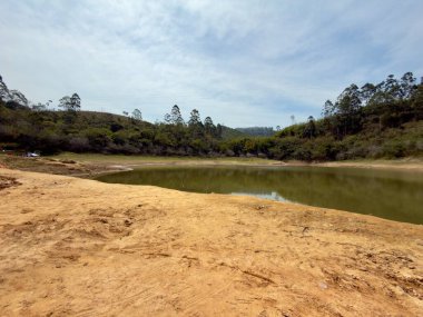 Sığ bir gölün kenarındaki kıvrık dallarla kuraklık senaryosu, su kıtlığını ve iklim değişikliğinin doğa üzerindeki etkilerini simgeliyor..