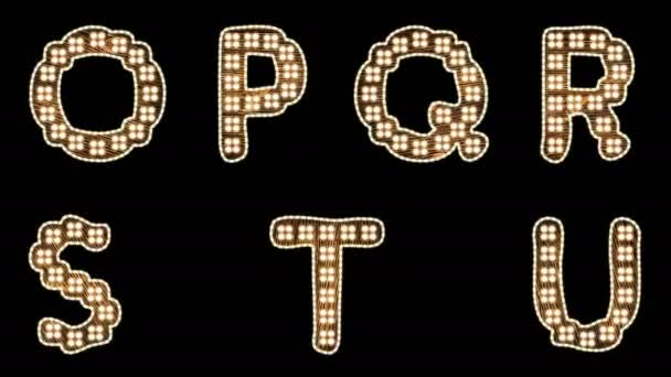 Letras de bombilla de alfabeto O-U con Alpha-Matte — Vídeos de Stock