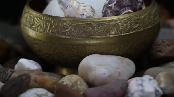 Pedras do mar e conchas de ostra em torno de ouro velho tigela rotativa — Vídeo de Stock