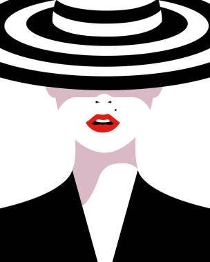 Siyah-beyaz yuvarlak şapkalı basit ve minimalist görünen bir kadının vektör çizimi. Güzellik ve moda dergileri için afişler, kapaklar veya afişler için uygun.