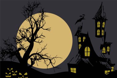 Cadılar Bayramı imajının vektör çizimi. Parti ya da davet kartları için perili ev ve ürkütücü dolunay.