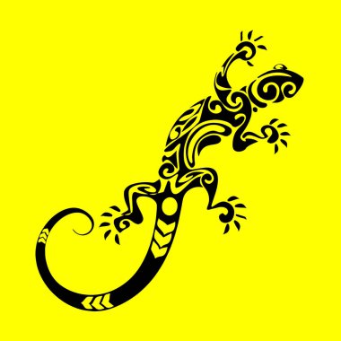 Semender ya da kertenkele sarı arka planda izole edilmiş. Totem için kertenkele şablonu, dövme tasarımı, baskı. Gecko terracotta siluetini özetliyor. Vektör illüstrasyonu