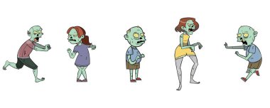 Cadılar bayramında bir grup korkunç zombi çizgi film karakteri.