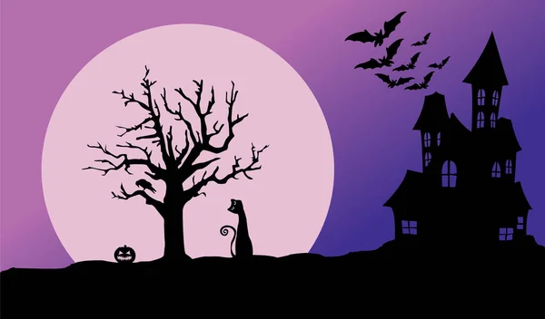Cadılar Bayramı imajının vektör çizimi. Parti ya da davet kartları için perili ev ve ürkütücü dolunay.