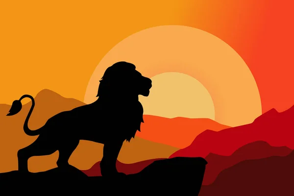 Gün batımında arka planda duran bir aslan kralın manzara siluetinin vektör çizimi. Güzel Afrika doğası.