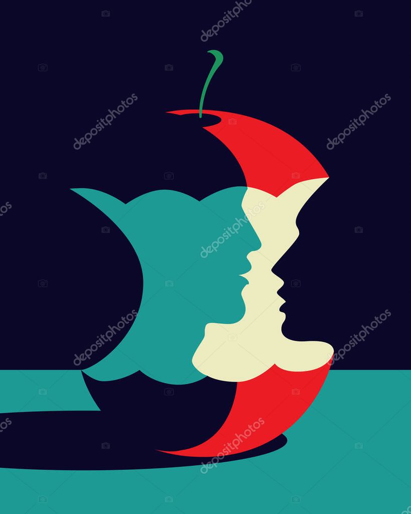 Vector illustration of a bitten apple forming the shadow of a human face. suitable for posters, banners, and covers.