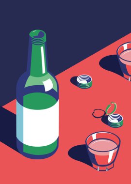 Soju alkoliğinin vektör çizimi cam şişe ve bardak içer. Posterler, pankartlar, sütunlar ve diğer işaretleme amaçları için uygun.