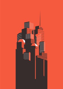 Şehrin ortasındaki bir gökdelenin vektör çizimi. Posterler, afişler, kapaklar ve diğer pazarlama amaçlarına uygun.
