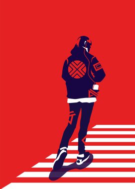 Arkadan görülen zebra haçını geçen modaya uygun bir adamın vektör çizimi. Posterler, afişler, kapaklar ve diğer pazarlama amaçlarına uygun.
