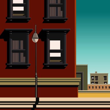 Pencereleri ve ışıkları olan bir binanın vektör çizimi. Posterler, kapaklar, afişler ve diğer pazarlama amaçları için uygun.