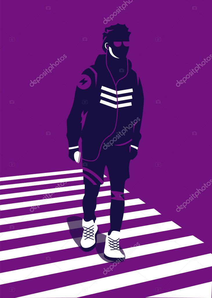 Vector illustration of a man in trendy style crossing a zebra cross seen from behind. Suitable for posters, banners, covers, and other marketing purposes.