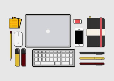 Masadaki tasarımcının malzemelerinin vektör çizimi. - Evet. Posterler, afişler, kapaklar ve diğer pazarlama amaçlarına uygun.